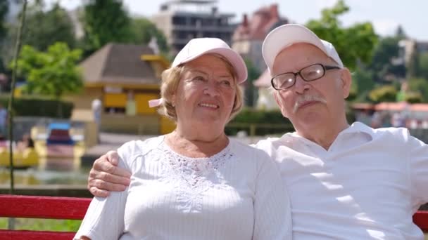 Seniorenpaar ruht sich auf Bank im Sommerpark aus. — Stockvideo