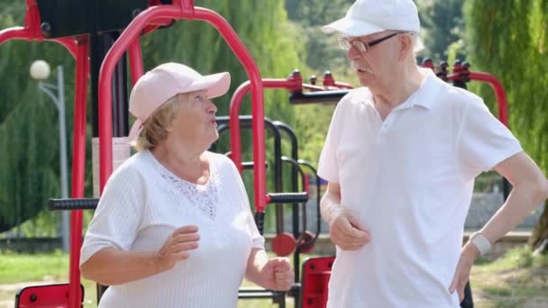 Mogna par i parken på träningsmaskiner. — Stockvideo