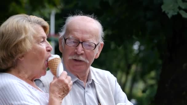 Senior couple eating ice cream on a park bench. Love concept — Stock Video