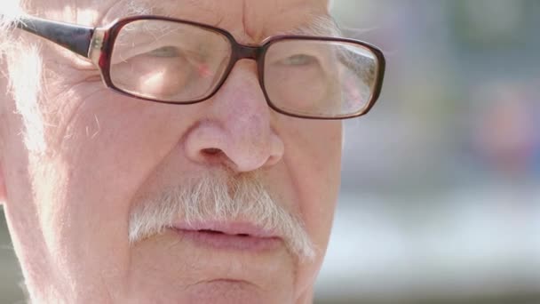 Ένας παππούς με γκρι μουστάκι και γυαλιά. — Αρχείο Βίντεο