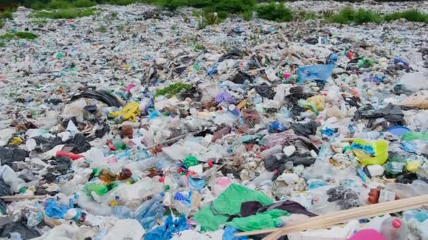 Большая свалка токсичных пластиковых отходов. Крупномасштабная экологическая катастрофа для природы. — стоковое видео