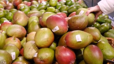 Taze mango meyve pazarında satılır. Bir kadının elleri pazarda meyve toplar.. 