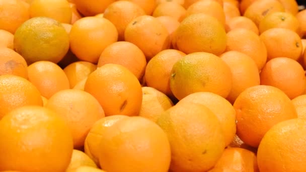 Heel veel sinaasappels. Camera langs heerlijke sinaasappels. — Stockvideo