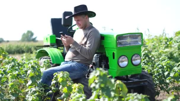 Um agricultor no meio de uma vinha escreve uma mensagem num smartphone, — Vídeo de Stock