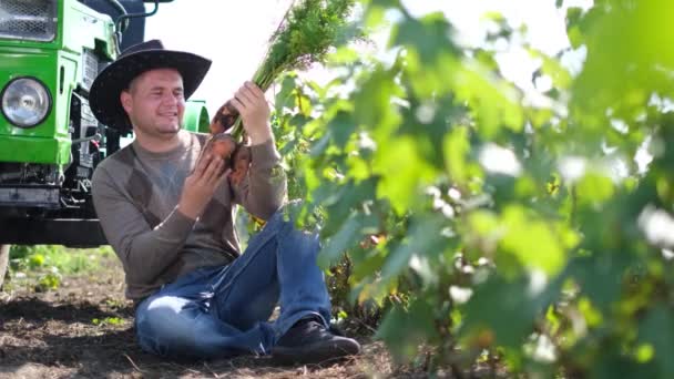 O agricultor desfruta de uma boa colheita de cenoura, ele segura a cenoura em suas mãos e inspeciona — Vídeo de Stock