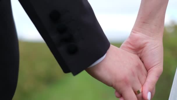 Молода пара тримає руки на розмитому тлі . — стокове відео