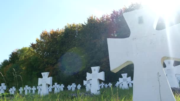 Кладовище з білими хрестами на сонячний день . — стокове відео