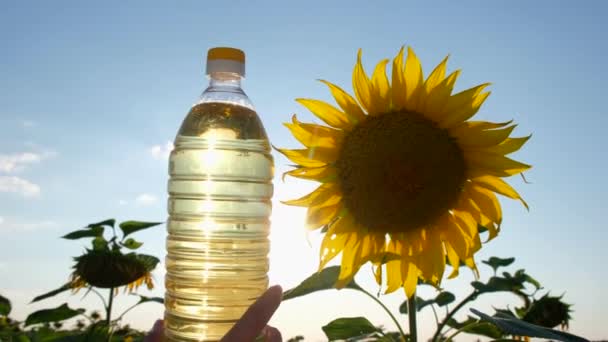 Farmář drží láhev slunečnicového oleje během slunečného, krásného dne. — Stock video