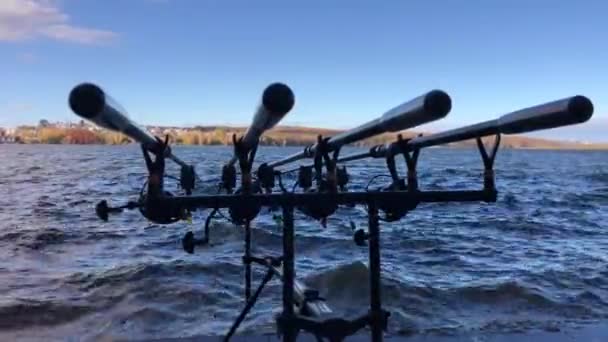 Pesca de agua dulce con cañas de pescar junto al lago. — Vídeos de Stock