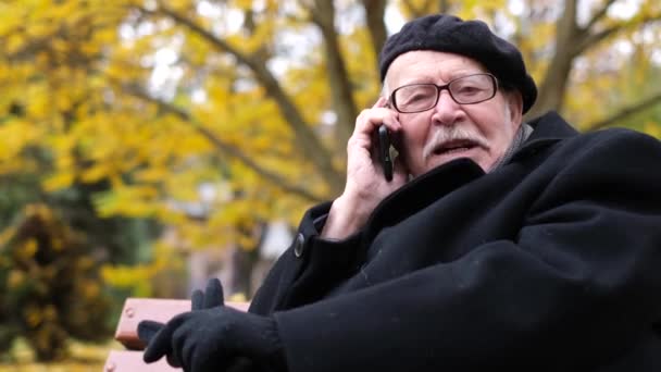 Hombre viejo positivo relajarse, otoño ciudad octubre parque sentarse en un banco llamar a un segundo teléfono inteligente. — Vídeos de Stock