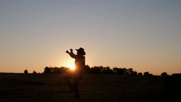 Mutlu erkek çiftçi gün batımında dans ediyor.. — Stok video