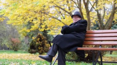 Gözlüklü ve siyah ceketli yaşlı ve yalnız büyükbaba, bir sonbahar parkında bankta oturuyor. Büyük olan yalnız vakit geçirir.