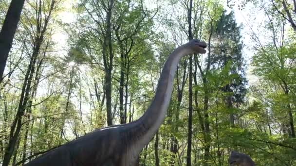 Механические подвижные скульптуры юрских динозавров. — стоковое видео