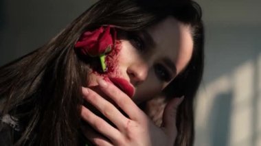 Esmer, büyük kırmızı dudaklarıyla parmaklarını ısırıyor. Kanla makyaj yaptı ve ağzına güldü..