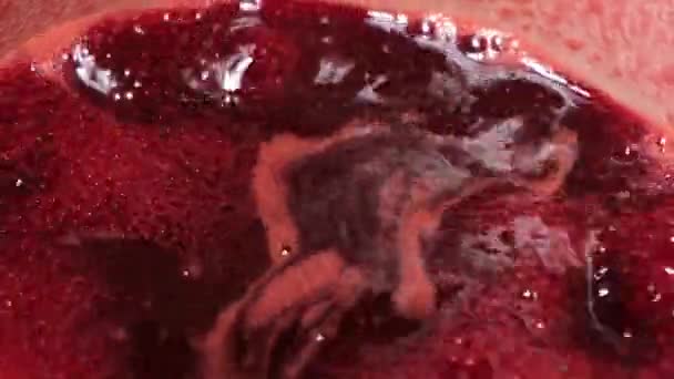 La marmellata di ribes bolle in un bacino di smalto. Schiuma per marmellata. Ebollizione rapida. — Video Stock