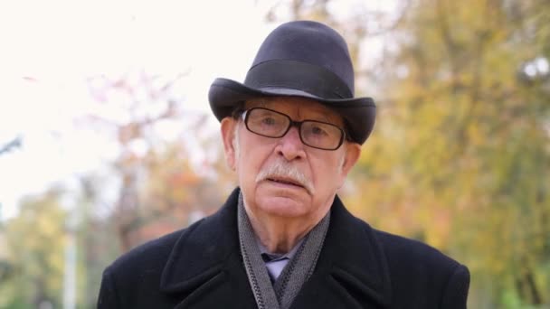 Einsamer Großvater im Park, bekleidet mit schwarzem Mantel und schwarzem Hut. — Stockvideo
