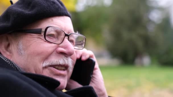Älterer Mann telefoniert im Park. — Stockvideo