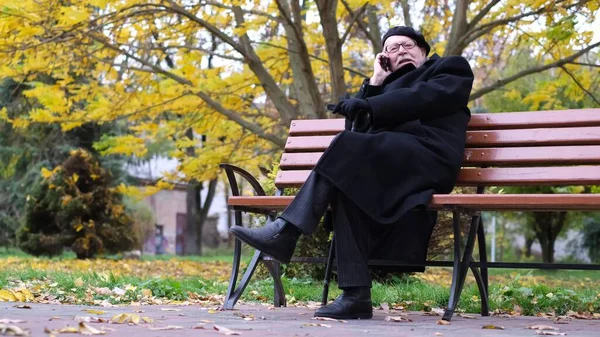 Avô idoso sentado em um banco e falando ao telefone no parque de outono. — Fotografia de Stock