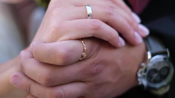 Novia y novio tomados de la mano al aire libre . — Vídeo de stock
