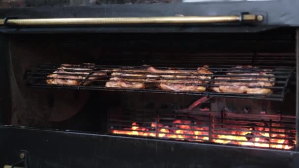 Street food in the city, barbecue with chicken. — Vídeo de Stock