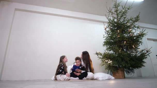 Jeune mère avec fille et fils près du sapin de Noël — Video