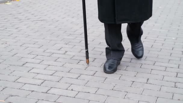 Gamle farfar med käpp går ensam. — Stockvideo