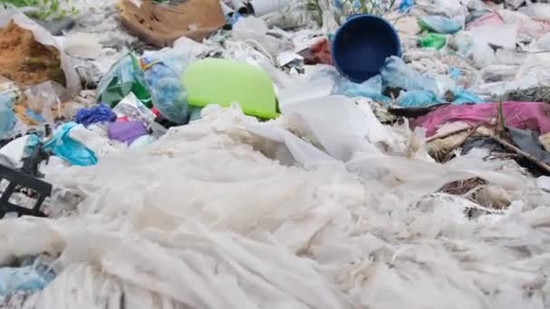 Banyak kantong plastik, sampah di lingkungan alam. — Stok Video