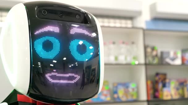 Robot facial humano con ojos azules modernas tecnologías robóticas en el siglo XX. — Vídeos de Stock