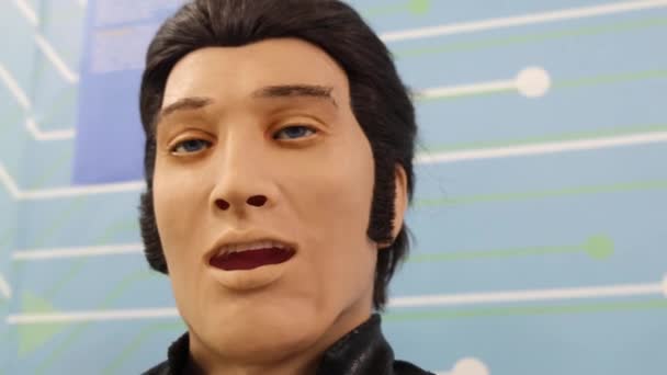 Elvis Presley möter robot på robotshow. — Stockvideo