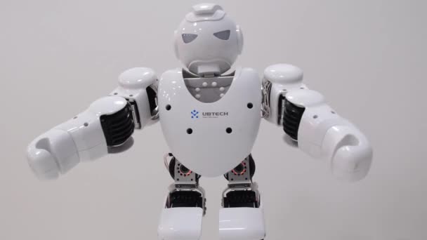 Exposición de robots modernos para niños, innovaciones electrónicas en el mundo de los juguetes Android. — Vídeos de Stock