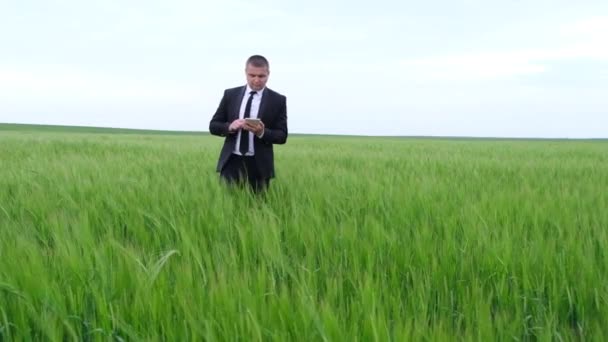 Joven hombre de negocios en un traje caminando en un campo de trigo con una tableta en sus manos, — Vídeos de Stock