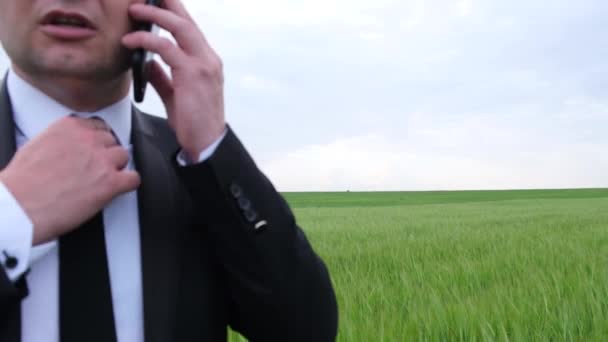 Un hombre con un traje negro habla en un teléfono inteligente sobre un fondo de campo verde. — Vídeo de stock