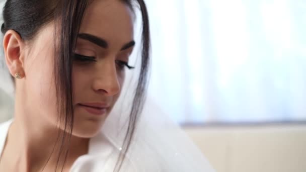 Volto di una sposa bruna, bella ragazza con grandi ciglia — Video Stock