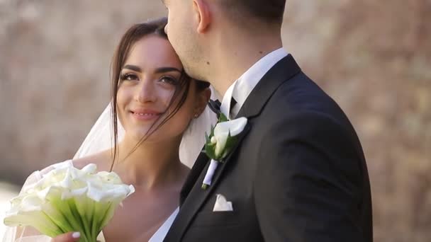 Le marié embrasse doucement sa mariée sur la tête. Portrait d'un jeune couple amoureux. — Video