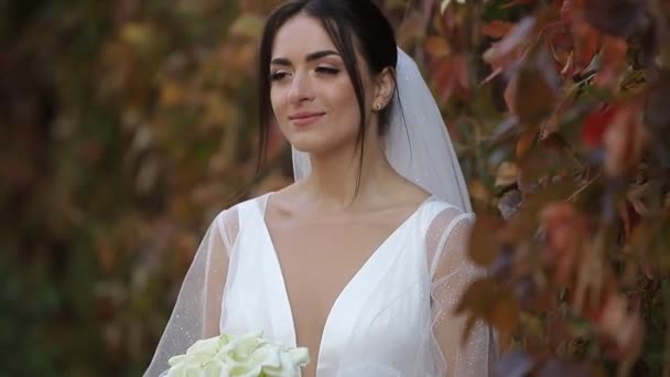 Le jour du mariage d'automne. Mariée brune avec un bouquet de fleurs blanches dans ses mains — Video