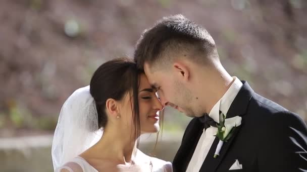 Retrato de una pareja joven y cariñosa, son felices juntos, besándose y abrazándose — Vídeos de Stock