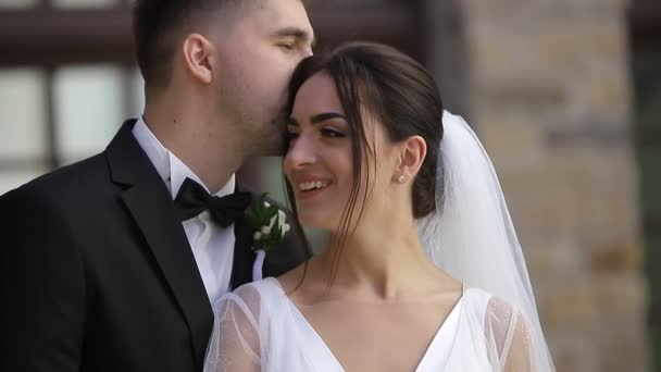 De knappe bruidegom kust zijn vrouw en streelt zachtjes haar handen. — Stockvideo