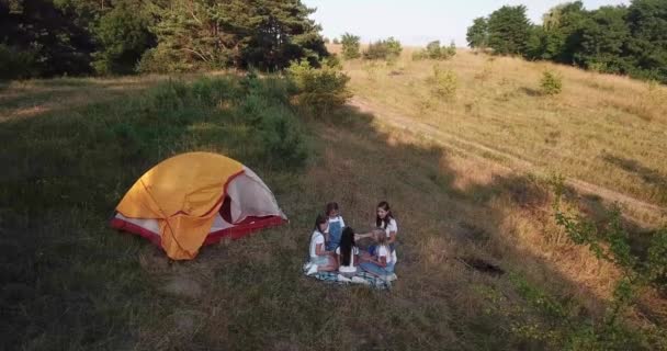 Holky se baví na pikniku v blízkosti stanu — Stock video