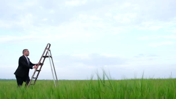 Kontorschefen klättrar uppför karriärstegen. Ung affärsman mitt i ett grönt fält. — Stockvideo