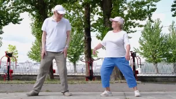 Rodzina emerytów na porannym treningu w parku. Babcia i dziadek uprawiają sport. — Wideo stockowe