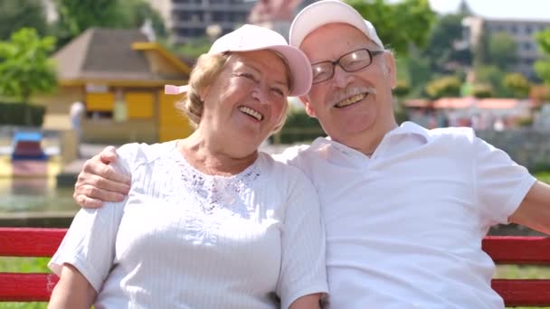 Heureux grands-parents à la retraite, ils sont assis sur un banc à San Francisco Park, États-Unis — Video