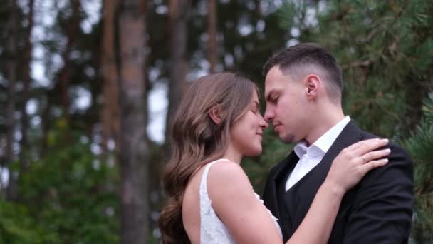 Feliz pareja de novias caminando en el parque de la ciudad, el día de la boda. La novia y el novio abrazan y besan — Vídeo de stock