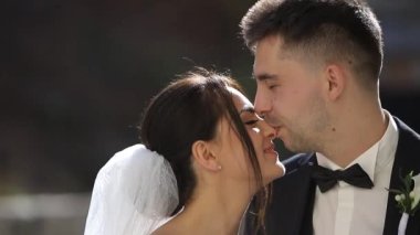 Gelinlikli mutlu gelin ve damat düğüne hazırlanıyor. Romantik çift 