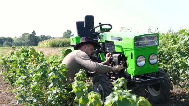 Фермер вручную ремонтирует небольшой трактор. — стоковое видео