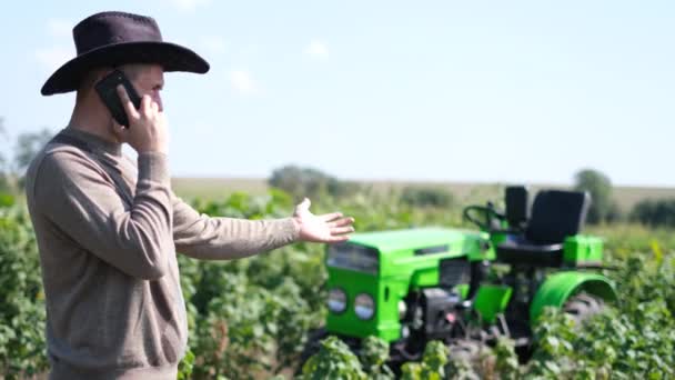 Un agricultor moderno o enólogo habla en un teléfono inteligente durante la temporada de cosecha en el viñedo. — Vídeos de Stock