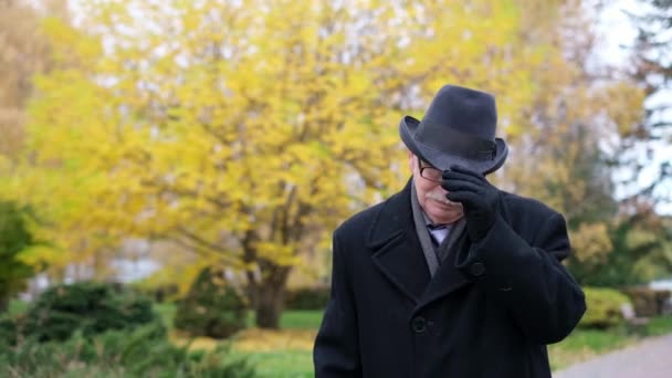 おじいちゃんは公園に行き、帽子をかぶる。引退80年 — ストック動画