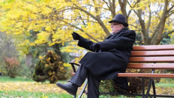 Un retraité avec des lunettes et un manteau noir, il est contrarié. Vieil homme assis sur un banc de parc. — Video