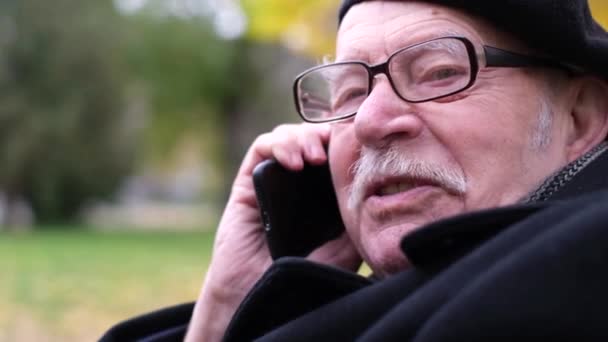 フランス人の先輩がスマートフォンで話してるベンチの公園に座ってる. — ストック動画