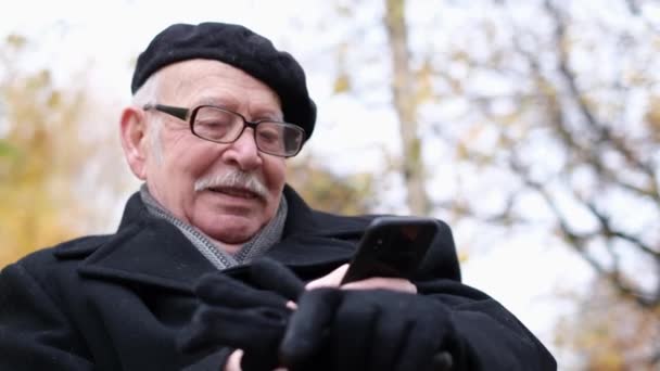 El pensionista utiliza un teléfono inteligente, que está sentado en un banco del parque. Un pensionista de 80 años — Vídeos de Stock