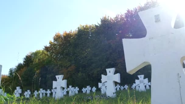 Cementerio con cruces blancas, un monumento a los soldados de Ucrania en la Segunda Guerra Mundial. — Vídeos de Stock